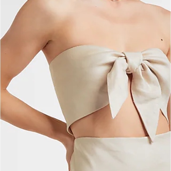 Off White Print Linen-Blend Tie Front Cropped Top - Picture 2 of 3